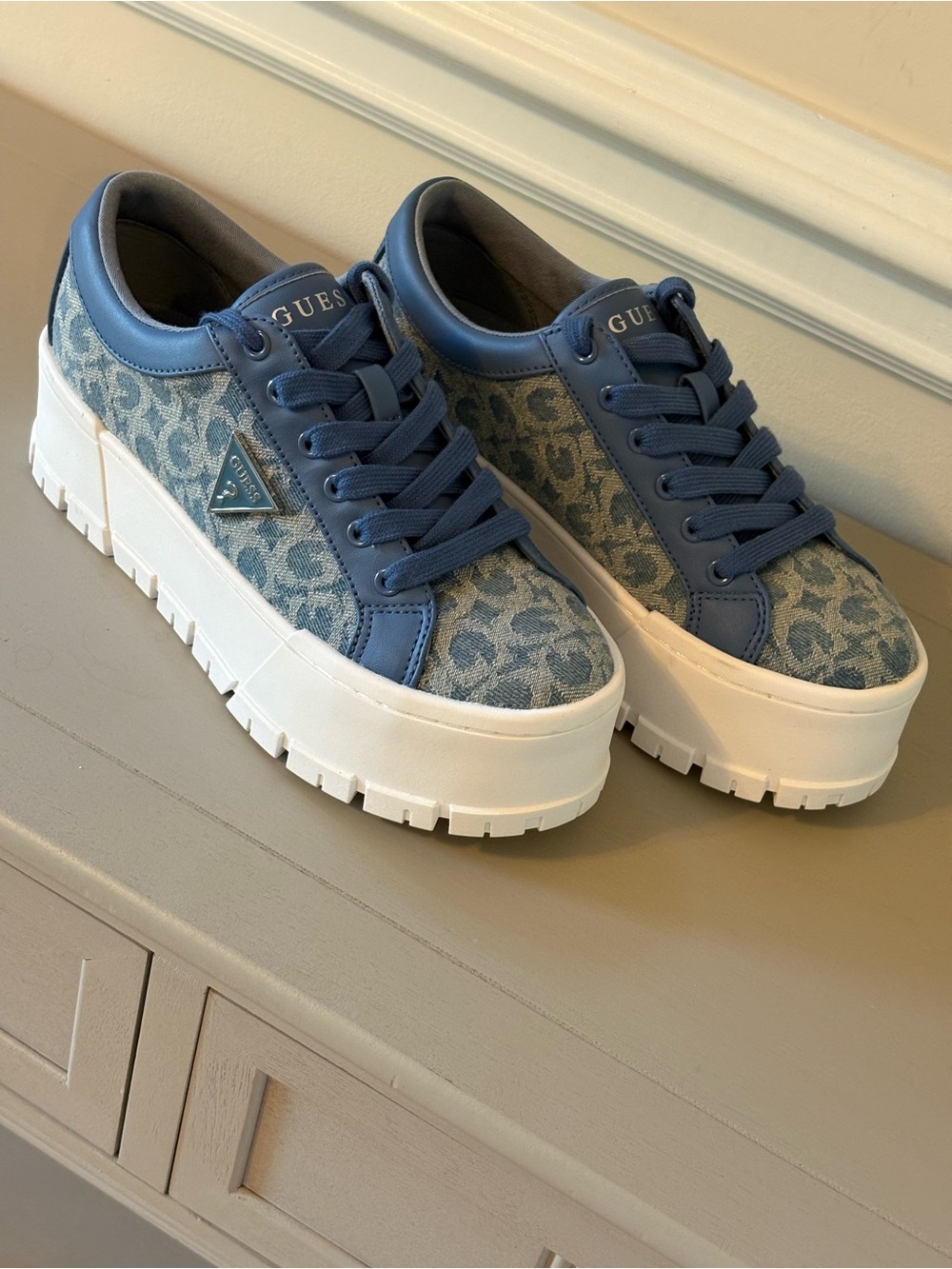 GUESS Denim-Patterned Blue Platform Sneakers